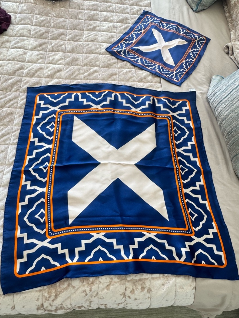 Celebrity Cruise - Xcel - Blue & White Geometric Silk Scarf with Orange Accents